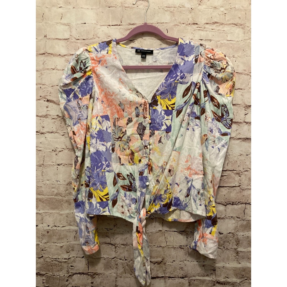 INC Womens Large Linen Blend Pastel Floral Cropped Puff Sleeve Tie Front Blouse